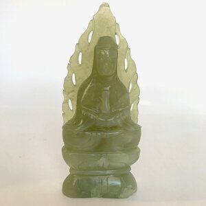 Chinese Nephrite Jade Seated Guanyin 6" Statue Hand Carved w/Pierced Leaf Halo